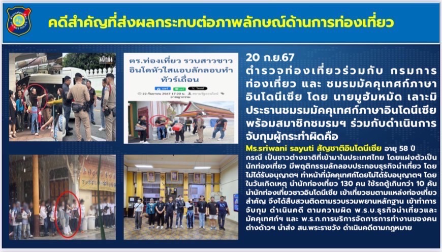 กองบัญชาการตำรวจท่องเที่ยวจัดประชุมบูรณาการความร่วมมือภาครัฐ- เอกชน กวาดล้าง ไกด์ผี และทัวร์เถื่อน  ปราบปรามการเอารัดเอาเปรียบ สร้างความเชื่อมั่นให้แก่นักท่องเที่ยว ในช่วงฤดูกาลท่องเที่ยว (High Season)  		ตามนโยบายของรัฐบาล ในการส่งเสริมการท่องเที่ยว และนายสรวงศ์ เทียนทอง รัฐมนตรีว่าการกระทรวงท่องเที่ยว และกีฬาให้ปราบปรามการกระทำความผิดที่ส่งผลกระทบต่ออุตสาหกรรมการท่องเที่ยว เพื่อสร้างความเชื่อมั่นในช่วง High Season		 		วันนี้ 24 ก.ย.67 ณ กองบัญชาการตำรวจท่องเที่ยว พล.ต.ท.ศักย์ศิรา เผือกอ่ำ ผบช.ทท. เป็นประธาน พร้อมคณะผู้บริหาร ร่วมประชุมบูรณาการประสานความร่วมกับหน่วยงานทั้งภาครัฐและภาคเอกชนที่อยู่ในอุตสาหกรรมการท่องเที่ยว เพื่อขับเคลื่อนนโยบายรัฐบาลและสร้างความเชื่อมั่นให้กับนักท่องเที่ยว เพื่อเตรียมพร้อมรองรับนักท่องเที่ยวในช่วงฤดูกาลท่องเที่ยว High Season ซึ่งมีผู้แทน                จากหน่วยงานต่างๆ เข้าร่วมหารือดังนี้ นายบุญเสริม ขันแก้ว  รองอธิบดีกรมการท่องเที่ยว, ผู้แทน                   การท่องเที่ยวแห่งประเทศไทย, อุตสาหกรรมการท่องเที่ยว (ATTA), ผู้แทนกรมพัฒนาธุรกิจการค้า,                  นายกสมาคมมัคคุเทศก์อาชีพแห่งประเทศไทย, นายกสมาคมผู้ประกอบการท่องเที่ยวสัมพันธ์ไทย-จีน , ผู้แทนสำนักงานตรวจคนเข้าเมือง และชมรมมัคคุเทศก์ภาษาต่างประเทศ  		กองบัญชาการตำรวจท่องเที่ยวได้นำเสนอโครงการผลการปฏิบัติงานและมาตรการความพร้อมในการดูแลรักษาความปลอดภัยให้แก่นักท่องเที่ยว และได้รับฟังความคิดเห็นและข้อเสนอแนะจากหน่วยงานที่เกี่ยวข้อง เพื่อสร้างความเชื่อมั่นให้แก่นักท่องเที่ยวในช่วง High Season                จากนั้นได้แถลง ปฏิบัติการ กวาดล้าง ไกด์ผี และทัวร์เถื่อน ปราบปรามการเอารัดเอาเปรียบนักท่องเที่ยว ซึ่งที่ผ่านมาตำรวจท่องเที่ยวได้มีการกวดขันและจับกุมผู้กระทำความผิดที่ส่งผลกระทบต่ออุตสาหกรรมการท่องเที่ยว (ความผิด 10 กลุ่มต้องห้าม) ในปี 67  สูงถึง 20,326 คดี เพิ่มขึ้นกว่าปี 66      คิดเป็นร้อยละ 68 นอกจากยังมีกรณีที่มีการจับกุมชาวต่างชาติที่แอบลักลอบประกอบธุรกิจนำเที่ยว                  โดยไม่ได้รับอนุญาตและทำหน้าที่เป็นมัคคุเทศก์ โดยกรณีนี้เป็นการทำงานในเชิงบูรณาการความร่วมมือ            ของตำรวจท่องเที่ยว กรมการท่องเที่ยว และ ชมรมมัคคุเทศก์ภาษาอินโดนีเซีย จับกุมและดำเนินคดีได้                 