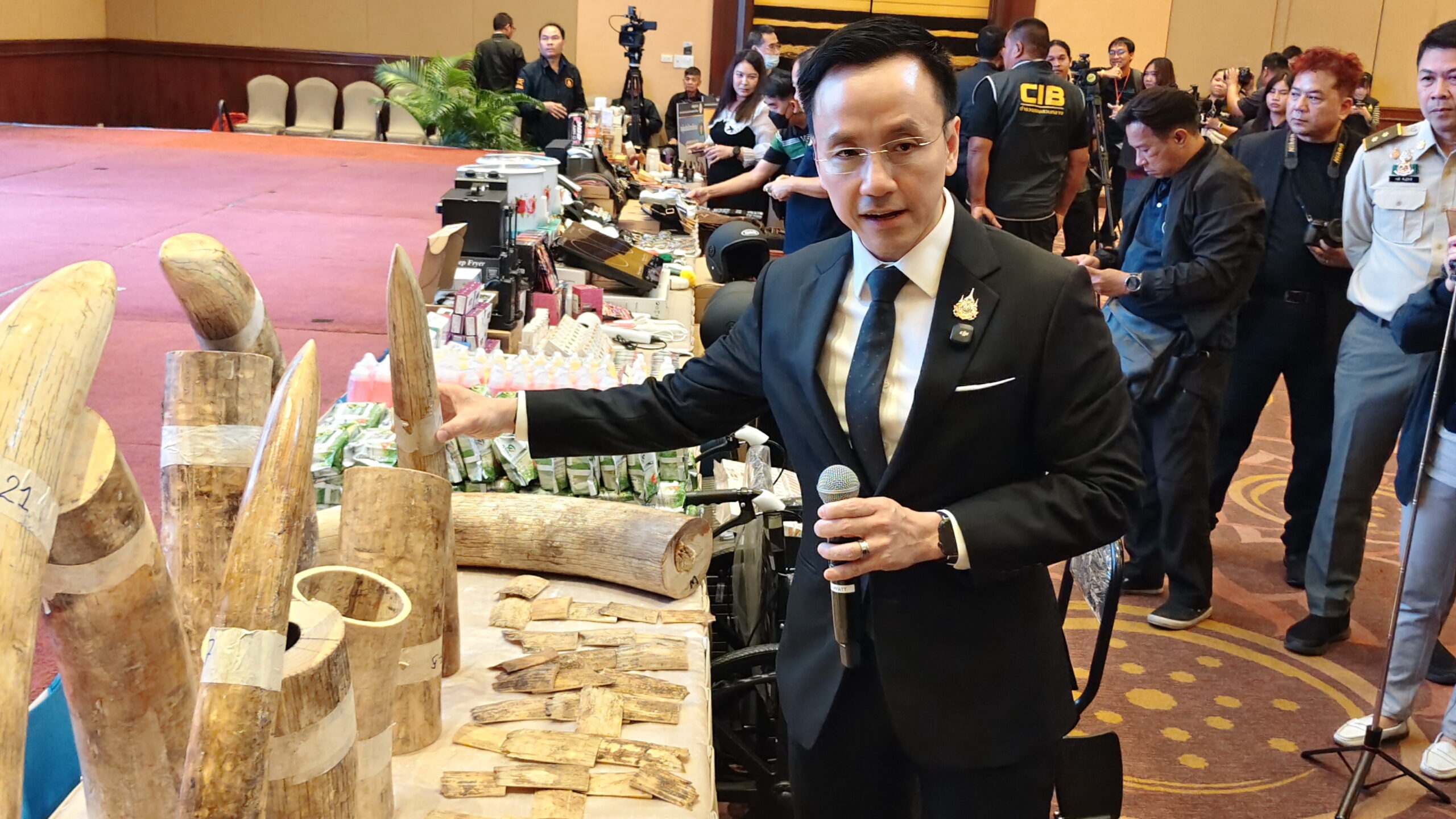 กรมศุลกากรตรวจสอบตู้สินค้าต้องสงสัย พบไม้ 32 ท่อนซุกซ่อนงาช้าง 446 ท่อนพร้อมซากสัตว์  ณ ท่าเรือแหลมฉบัง