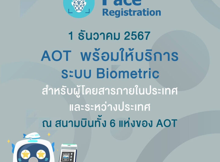 คิกออฟ 1 ธันวา สแกนใบหน้าขึ้นเครื่องบิน ไม่ต้องโชว์พาสปอร์ตและบัตรโดยสาร ลดเวลารอคอยนักเดินทาง บริษัท ท่าอากาศยานไทย จำกัด (มหาชน) (AOT) พร้อมแล้วในการให้บริการระบบพิสูจน์อัตลักษณ์บุคคล หรือ Biometric สำหรับผู้โดยสารภายในประเทศและระหว่างประเทศ ในวันที่ 1 ธันวาคม 2567 ณ สนามบินทั้ง 6 แห่งของ AOT ได้แก่ ท่าอากาศยานสุวรรณภูมิ ท่าอากาศยานดอนเมือง ท่าอากาศยานเชียงใหม่ ท่าอากาศยานแม่ฟ้าหลวง เชียงราย ท่าอากาศยานภูเก็ต และท่าอากาศยานหาดใหญ่ เพื่อให้ผู้โดยสารได้รับความสะดวกสบาย รวดเร็ว รวมทั้งจะช่วยลดระยะเวลาในการใช้บริการของแต่ละจุดบริการภายในท่าอากาศยานของ AOT เหลือประมาณ 1 นาที จากเดิมประมาณ 3 นาที สำหรับผู้โดยสารที่ต้องการใช้งานระบบ Biometric สามารถลงทะเบียนใช้งานเมื่อมาเช็กอินที่สนามบิน ได้ 2 วิธี คือ (1) เช็กอินที่เคาน์เตอร์เช็กอินของสายการบิน ผู้โดยสารแจ้งเจ้าหน้าที่สายการบินให้ลงทะเบียนใบหน้าในระบบ Biometric ผ่านเครื่องตรวจบัตรโดยสาร โดยระบบฯ จะดำเนินการบันทึกข้อมูลใบหน้าและข้อมูลเอกสารการเดินทางของผู้โดยสาร (2) เช็กอินที่เครื่องเช็กอินด้วยตนเองอัตโนมัติ (เครื่อง CUSS: Common Use Self Service) ผู้โดยสารสามาถทำการกดปุ่มเลือกสายการบินที่เดินทาง ตามด้วยการกดเลือกให้ความยินยอมลงทะเบียนใบหน้าในระบบ Biometric (Consent Notice) และดำเนินการเช็กอินผ่านระบบจนได้รับบัตรโดยสารขึ้นเครื่อง (Boarding Pass) จากนั้นทำการสแกน barcode ในบัตรโดยสารขึ้นเครื่อง (Boarding Pass) แล้วเสียบหนังสือเดินทาง (Passport) หรือบัตรประชาชน และสแกนใบหน้าเป็นขั้นตอนสุดท้าย ถือเป็นการเสร็จสิ้นการลงทะเบียน ซึ่งระบบฯ จะดำเนินการบันทึกข้อมูลใบหน้าและข้อมูลเอกสารการเดินทางของผู้โดยสาร และหากผู้โดยสารมีความประสงค์จะโหลดกระเป๋าสัมภาระ สามารถทำผ่านเครื่องรับกระเป๋าสัมภาระอัตโนมัติ (เครื่อง CUBD: Common Use Bag Drop) ตลอดจนผ่านจุดตรวจค้น และขั้นตอนขึ้นเครื่อง โดยผู้โดยสารไม่ต้องแสดง Passport และ Boarding Pass อีกต่อไป ทั้งนี้ ข้อมูลของผู้โดยสารที่ถูกบันทึกไว้จะถูกลบทิ้งภายใน 48 ชั่วโมงนับจากเริ่มลงทะเบียน ซึ่งเป็นไปตามมาตรฐานความปลอดภัยข้อมูลส่วนบุคคล และ ข้อกำหนดของกฎหมายคุ้มครองข้อมูลส่วนบุคคล (Personal Data Protection Act: PDPA) ของประเทศไทย AOT มุ่งมั่นพัฒนาสนามบินในความรับผิดชอบให้มีความพร้อมให้บริการด้วยมาตรฐานเหนือระดับ เพื่อส่งมอบประสบการณ์การเดินทางที่น่าประทับใจ ซึ่งจะช่วยส่งเสริมอุตสาหกรรมการบิน การท่องเที่ยวของประเทศไทยให้เติบโต ตลอดจนเป็นการสร้างรายได้และกระตุ้นเศรษฐกิจในภาพรวมของประเทศได้อย่างยั่งยืนต่อไป