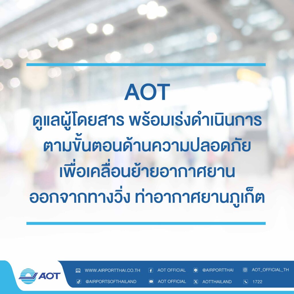 AOT ดูแลผู้โดยสาร พร้อมเร่งดำเนินการตามขั้นตอนด้านความปลอดภัยเพื่อเคลื่อนย้ายอากาศยานออกจาก ทางวิ่ง ท่าอากาศยานภูเก็ต บริษัท ท่าอากาศยานไทย จำกัด (มหาชน) (AOT) รายงานเที่ยวบินที่ได้รับผลกระทบจากเหตุการณ์ Air India Express เกิดเหตุขัดข้องบนทางวิ่ง ณ ท่าอากาศยานภูเก็ต โดยมีเที่ยวบินได้รับผลกระทบทั้งสิ้นจำนวน 165 เที่ยวบิน ดำเนินการให้ความช่วยเหลือและอำนวยความสะดวกผู้โดยสารที่ได้รับผลกระทบ พร้อมจัดเจ้าหน้าที่ดูแล มอบน้ำดื่มและพื้นที่พักคอย AOT รายงานเที่ยวบินที่ได้รับผลกระทบจากเหตุการณ์ Air India Express เที่ยวบิน AXB938 เส้นทางบิน ไฮเดอราบัด (HYD) – ภูเก็ต (HKT) เกิดเหตุขัดข้องบนทางวิ่ง ณ ทภก.เมื่อวันที่ 11 มีนาคม 2569 เวลาประมาณ 11.30 น. ส่งผลกระทบต่อเที่ยวบินที่มีกำหนดทำการบิน ณ ท่าอากาศยานภายใต้ความรับผิดชอบของ AOT ได้แก่ ท่าอากาศยานสุวรรณภูมิ (ทสภ.) ท่าอากาศยานดอนเมือง (ทดม.) ท่าอากาศยานเชียงใหม่ (ทชม.) ท่าอากาศยานแม่ฟ้าหลวง เชียงราย (ทชร.) ท่าอากาศยานภูเก็ต (ทภก.) และท่าอากาศยานหาดใหญ่ (ทหญ.) โดยมีเที่ยวบินที่ได้รับผลกระทบจำนวนทั้งสิ้น 165 เที่ยวบิน แบ่งเป็น ทสภ.จำนวน 22 เที่ยวบิน ทดม.จำนวน 40 เที่ยวบิน ทชม.จำนวน 6 เที่ยวบิน และ ทภก.จำนวน 97 เที่ยวบิน สำหรับ ทชร.และ ทหญ.ไม่มีเที่ยวบินที่ได้รับผลกระทบจากเหตุการณ์ดังกล่าว ขณะนี้ หน่วยงานที่เกี่ยวข้องได้ดำเนินการตามขั้นตอนด้านความปลอดภัยเพื่อเคลื่อนย้ายอากาศยานออกจากพื้นที่เกิดเหตุ โดยการดำเนินการเป็นไปตามแผนที่กำหนด นอกจากนี้ AOT ได้ดำเนินการอำนวยความสะดวกและช่วยเหลือผู้โดยสาร เช่น จัดเจ้าหน้าที่ประจำจุดเพื่อให้ข้อมูลและอำนวยความสะดวกแก่ผู้โดยสาร จัดเตรียมน้ำดื่มและพื้นที่พักคอยเพิ่มเติม ตลอดจนการประสานสายการบินที่เกี่ยวข้องในการดูแลผู้โดยสารให้เป็นไปด้วยความเรียบร้อย รวมถึงการเปลี่ยนแปลงเที่ยวบินหรือการคืนเงินค่าบัตรโดยสารตามความประสงค์ของผู้โดยสาร AOT ขอยืนยันว่า AOT ให้ความสำคัญกับการบริหารจัดการสนามบินโดยคำนึงถึงความปลอดภัยของผู้โดยสารและการปฏิบัติการบินสูงสุด และขอแนะนำผู้โดยสารที่ได้รับผลกระทบจากเหตุการณ์ดังกล่าว ตรวจสอบสถานะเที่ยวบินกับสายการบินโดยตรงก่อนออกเดินทาง โดยสามารถสอบถามข้อมูลเพิ่มเติมได้ที่ AOT Contact Center โทร. 1722 ตลอด 24 ชั่วโมง